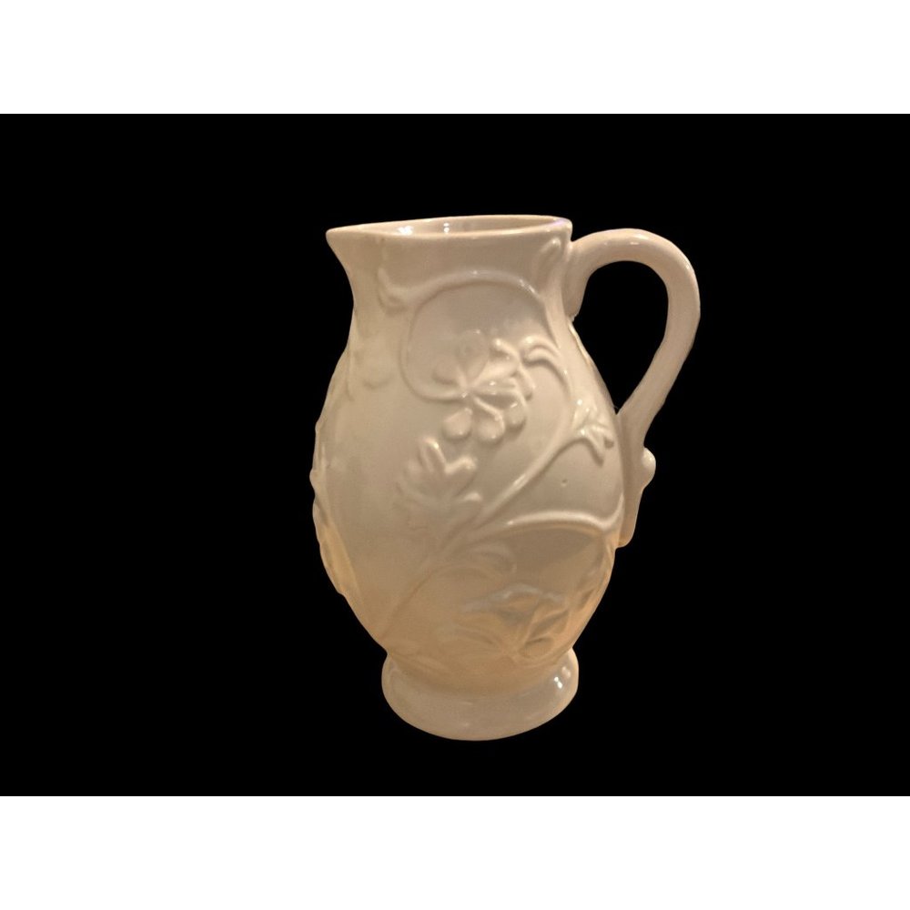 Jessica McClintock Ceramic White Vase Pitcher Floral Embossed